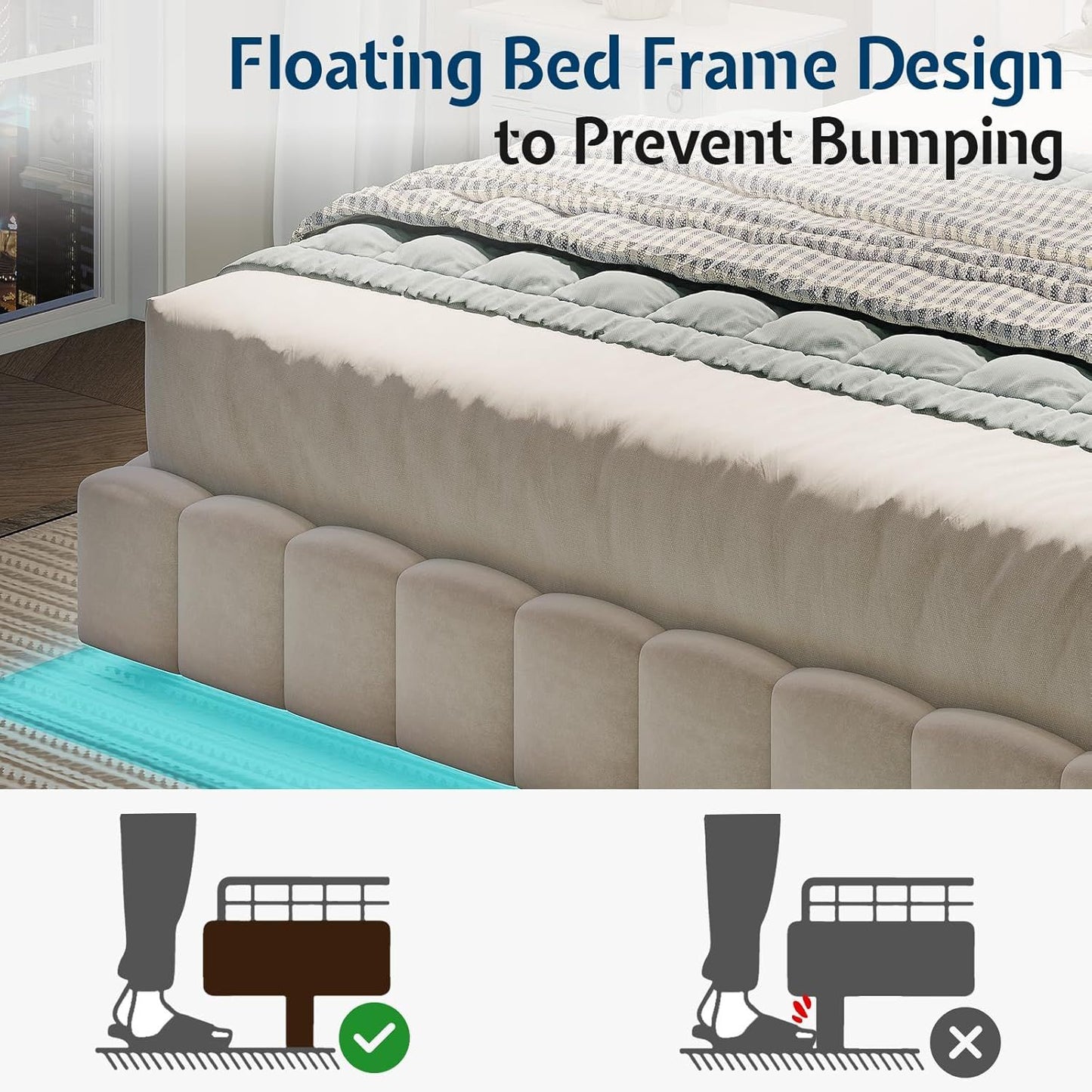 Cama Queen com Luzes de LED e Cabeceira Estofada Grande, Plataforma Moderna de Veludo com Design Flutuante, Não Precisa de Box