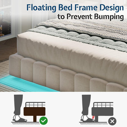 Cama Queen com Luzes de LED e Cabeceira Estofada Grande, Plataforma Moderna de Veludo com Design Flutuante, Não Precisa de Box