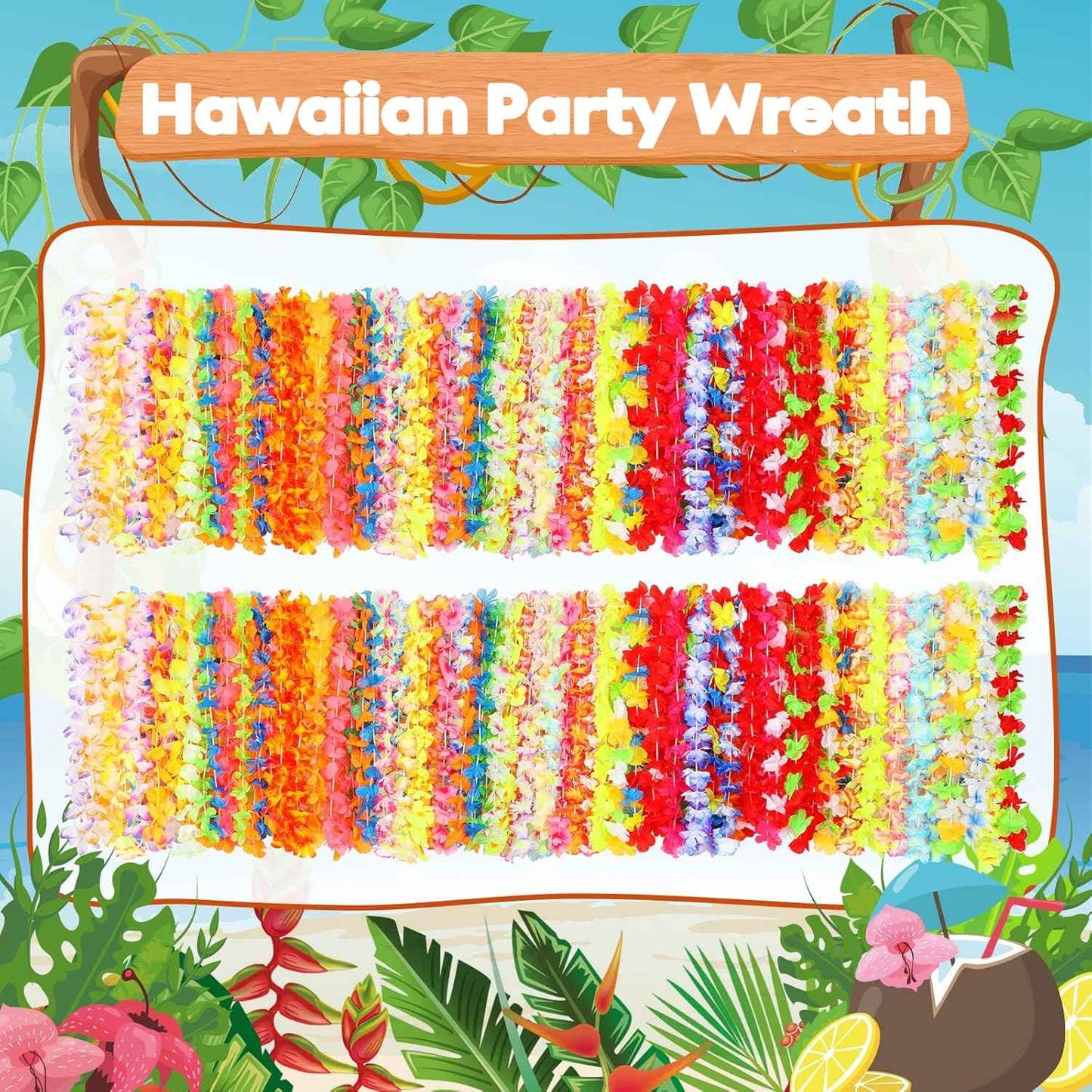 24/120pcs Hawaiian Artificial Flower Wreath Necklace Hawaii Theme Party Garland Summer Beach Wedding Birthday Party Decor