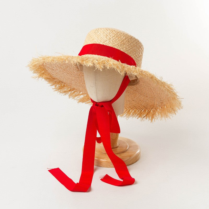 Chapéu de Palha de Ráfia Feminino, Chapéus de Sol de Verão, Fita da Moda para Meninas, 52cm, Infantil, Aba Larga, Proteção UV, Chapéus de Praia para Mulheres