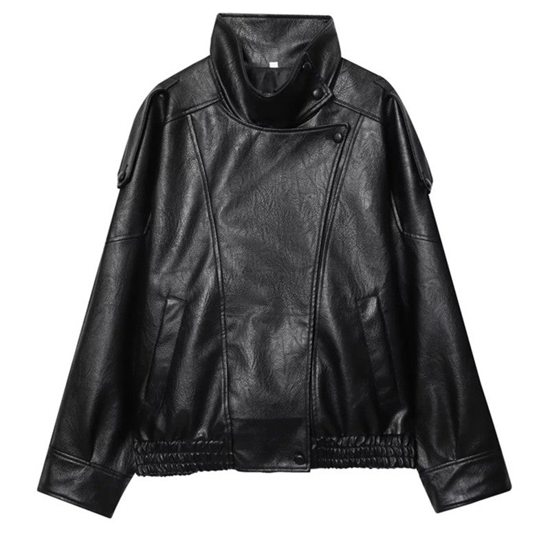 HXAO Faux Leather Jacket Coat Demi-Season Black Bomber Jacket Outerwears Long Sleeve Snap Button Cropped Motorcycle Jacket