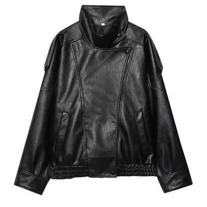 HXAO Faux Leather Jacket Coat Demi-Season Black Bomber Jacket Outerwears Long Sleeve Snap Button Cropped Motorcycle Jacket