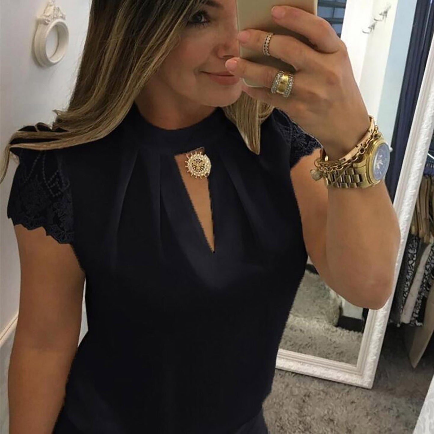 Woman Blouse 2025 V-Neck Lace Casual Shirt Solid Loose Short Sleeve Shirts Sleeve Lace Casual Tank Tops Blouse Sexy Blusas