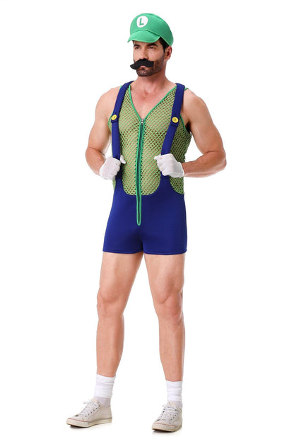 Halloween Cosplay Men's Anime Super Luigi Bros Hollow Overalls Jumpsuits Costume Carnival Party Disguise Plumber Funny Onesie