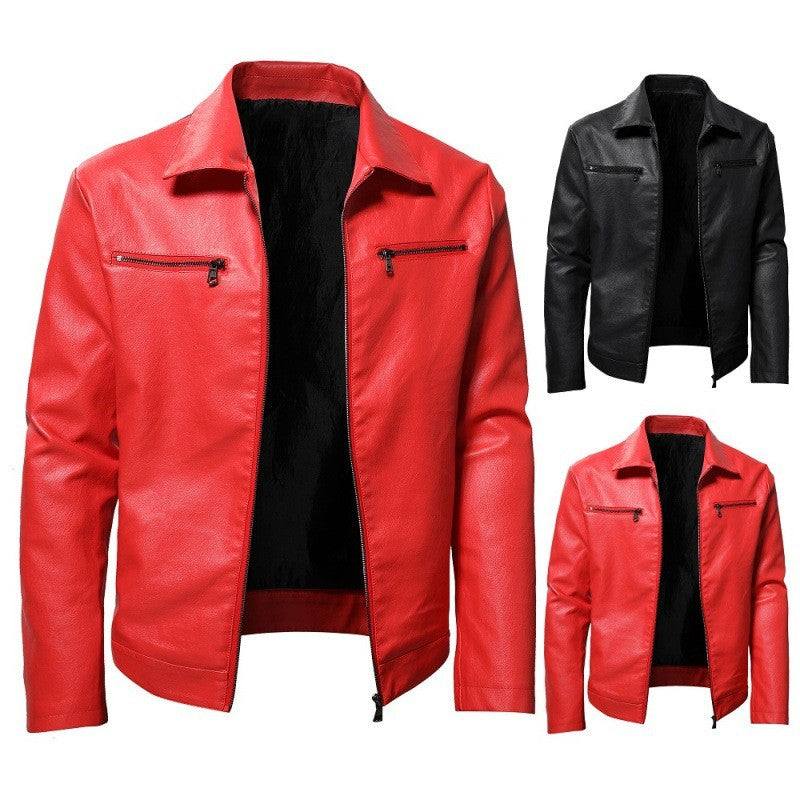 Men's Red Fashion Slim Motorcycle PU Leather Wear-resistant Lapel Leather Jacket