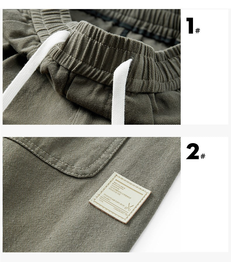 100% Cotton Men's Loose Wide Leg Pants Elastic Waist Fashion ArmyGreen Khaki Korean Streetwear Autumn Straight Trousers
