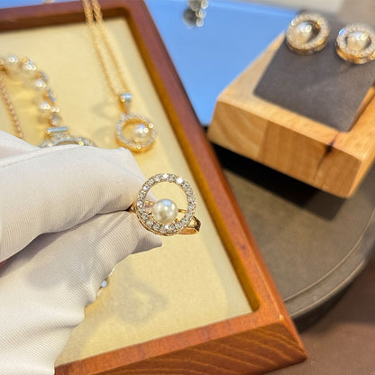 4-Piece Set Pearl Watch Chain Arabic Numeral Quartz Watch Large Pearl Necklace Diamond-Encrusted Ring And Earrings Jewelry Gift