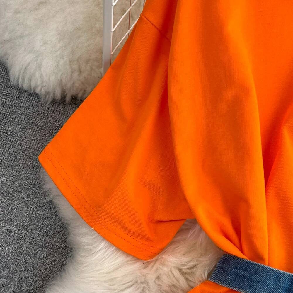 XFPV Women's Sweet high Waist Wrap Belt Round Neck patchwork Denim Shirt  Chic Top Y2k Korean Fashion Spring Summer 2025 SM11327