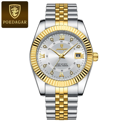 POEDAGAR Luxury Business Men Wristwatch Waterproof Luminous Date Military Man Watch Stainless Steel Fashion Men's Quartz Watches