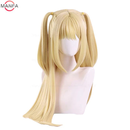Peruca MisaMisa Cosplay Misa Amane Longa Loira Dupla Rabo de Cavalo Cabelo Sintético Resistente ao Calor Perucas + Touca de Peruca