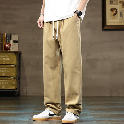 100% Cotton Men's Loose Wide Leg Pants Elastic Waist Fashion ArmyGreen Khaki Korean Streetwear Autumn Straight Trousers