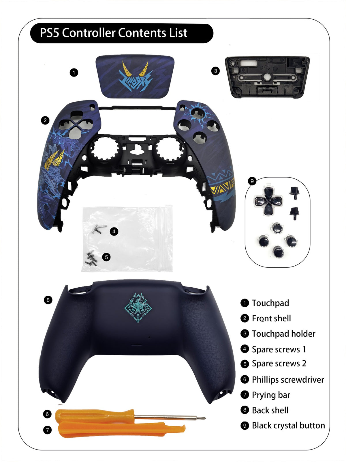 MH Foil Stamping PS5 Controller Shell Faceplate Cover with Touchpad for DualSense Controller, Replacement for BDM-010 to 050