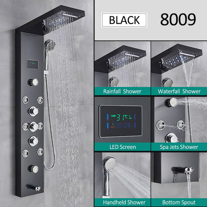 Sistema de Torre de Painel de Chuveiro de LED Coluna de Chuveiro de Cascata de Chuva com Tela LCD de Hidroeletricidade com Torneira de Chuveiro de Spa de Corpo com Massagem