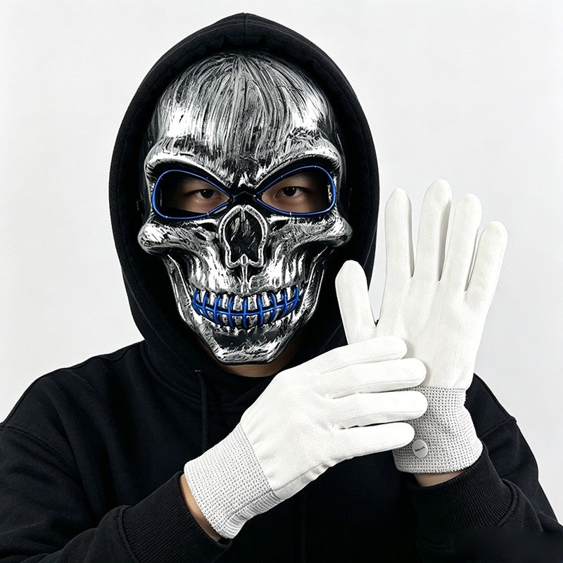 Halloween LED Skull Mask with Light Up Gloves EL Wire Glowing Skeleton Mask Lighted Flashing LED Gloves Set for Cosplay Party