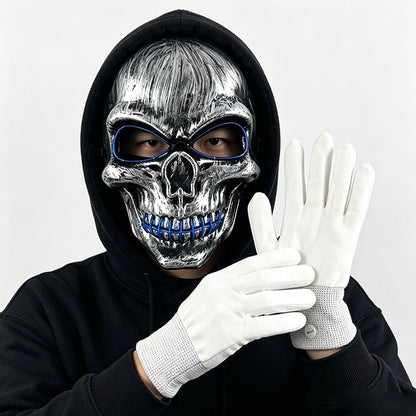 Halloween LED Skull Mask with Light Up Gloves EL Wire Glowing Skeleton Mask Lighted Flashing LED Gloves Set for Cosplay Party