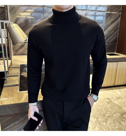 Korean Fashion Autumn Winter Sweaters Men Pullovers Fleece Turtleneck Knitted Sweatshirt Warm Bottoming Shirts