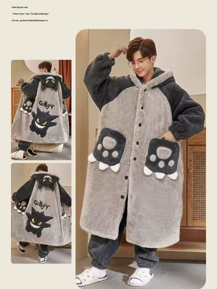 Gengar Pajamas Suit Anime Pokemon Winter Coral Fleece Nightgown Large Size of Thickened Warm Cartoon Men Hooded Home Suit Set
