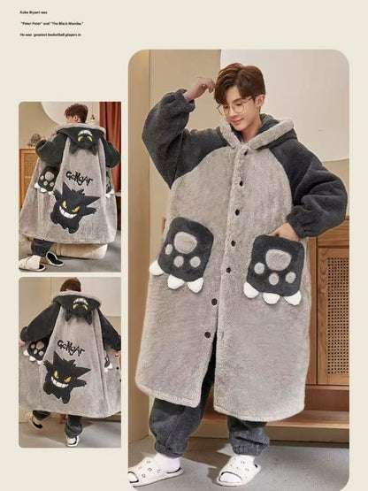 Gengar Pajamas Suit Anime Pokemon Winter Coral Fleece Nightgown Large Size of Thickened Warm Cartoon Men Hooded Home Suit Set