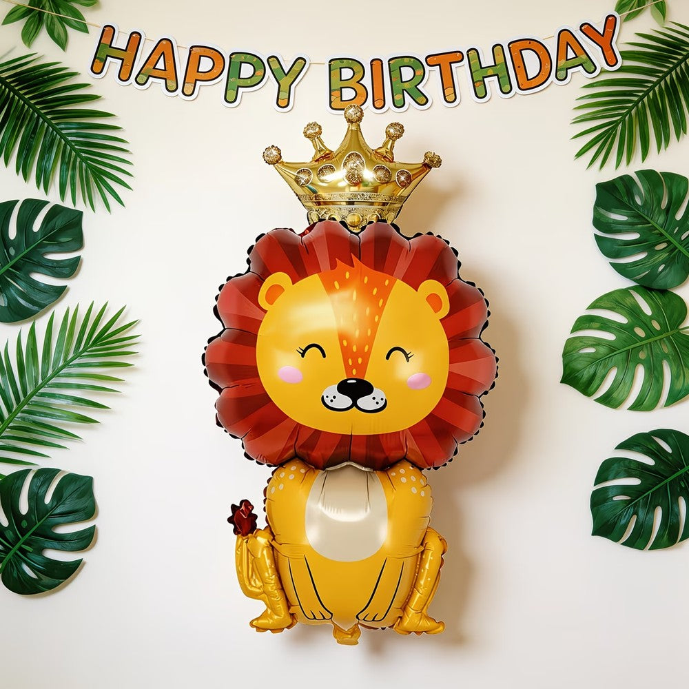 Cute Crown Little Lion King Foil Balloon, Cartoon Lion with Golden Crown Mylar Balloon for Jungle Safari Wild Animal Theme Birth