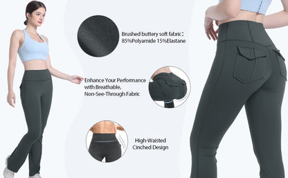 Women's High Waisted Flared Yoga Pants with Pockets Tummy Control Bootcut Leggings for Gym Fitness Casual Wear