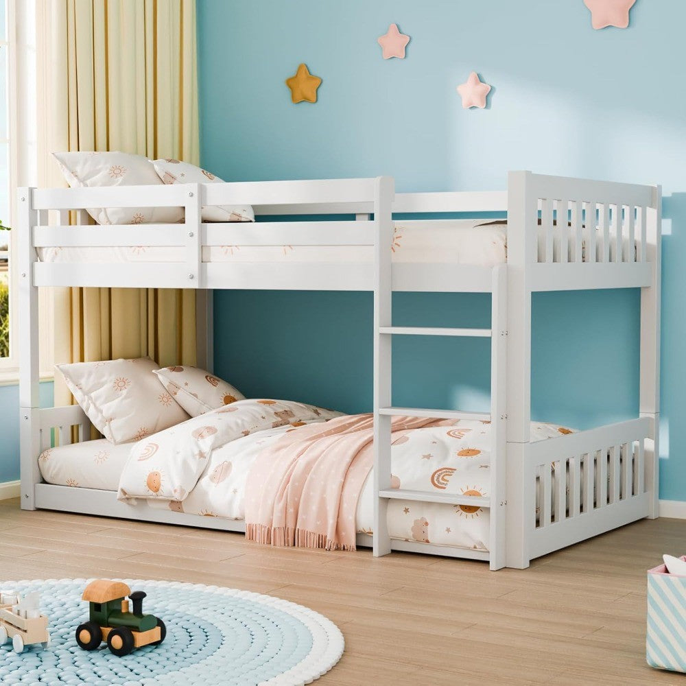 Beliche baixo de madeira maciça para crianças/adolescentes, estrutura de beliche com grades de proteção e escada para meninos e meninas, não é necessário estrado/box