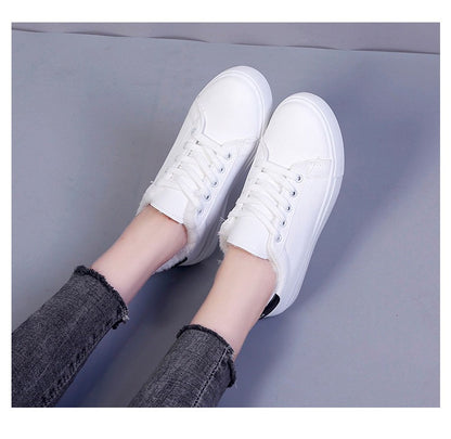 Tênis Feminino de Inverno, Quente, Pelúcia, Sola Vulcanizada, Plataforma, Algodão, Cadarço, Branco, Com Pelúcia, Casual