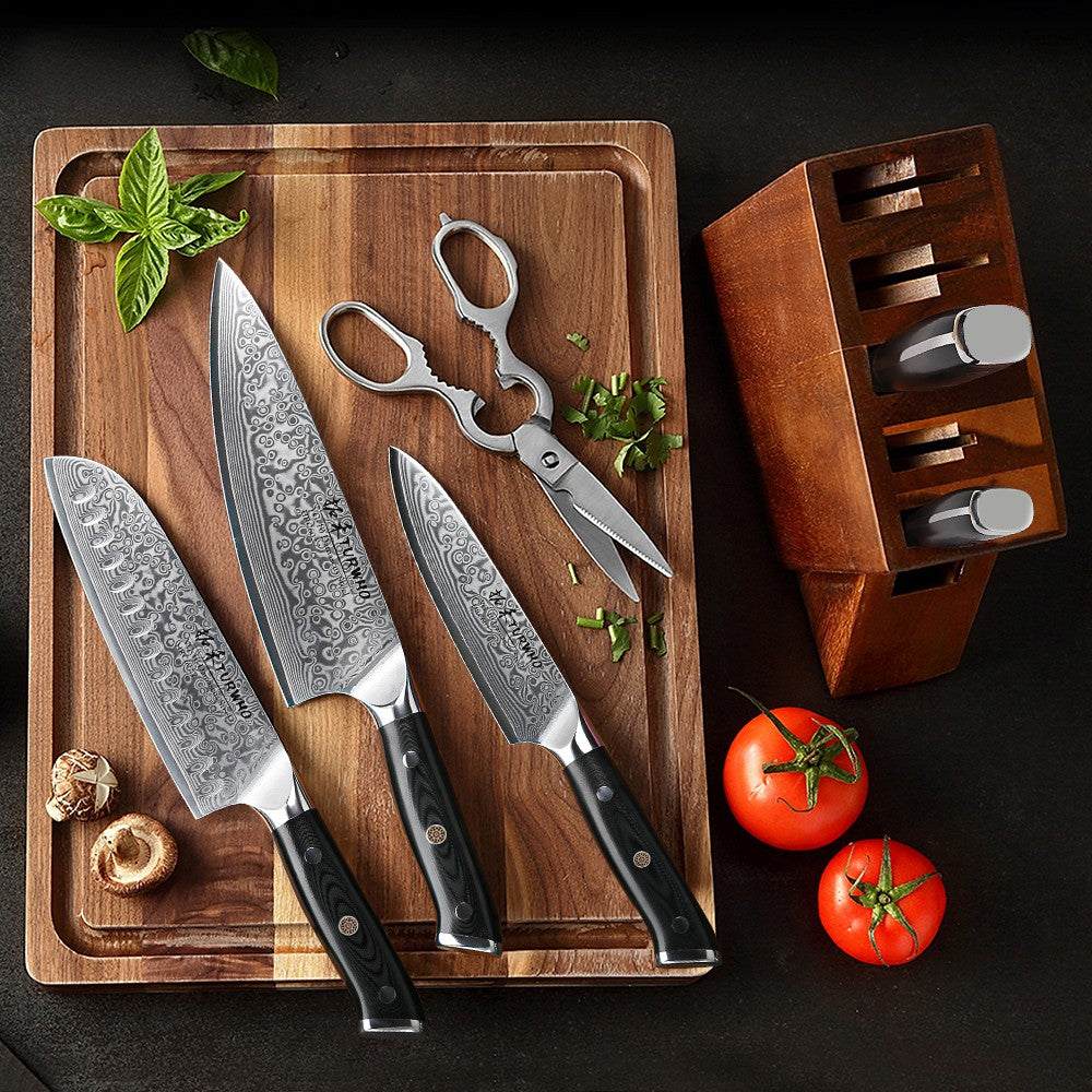 TURWHO Melhores Utensílios de Cozinha de 1 ou 7 Peças, Conjunto Profissional de Aço Damasco de 67 Camadas Com Excelente Bloco de Facas de Madeira de Acácia