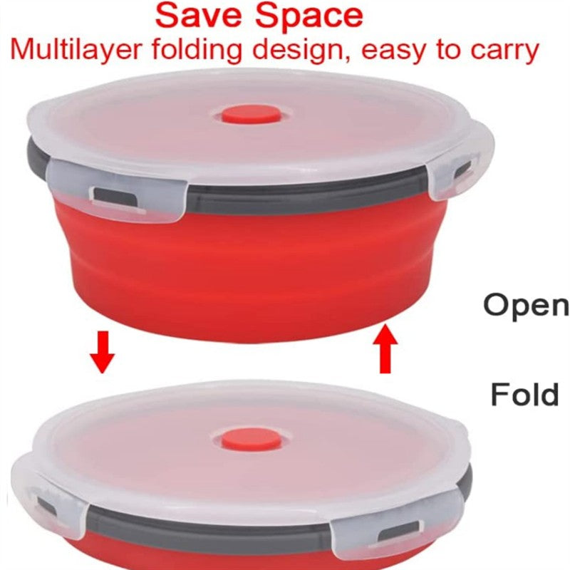 Silicone Folding Lunch Box with Lid Portable Picnic Camping Bowl Set Kitchen Tableware Kit Foldable Fruit Salad Folder Bento Box