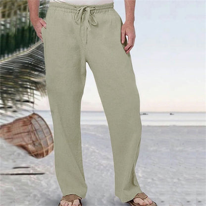 Mens Fashion Casual Pants Solid Color Breathable Cotton Linen Elastic Waist Straight Pants With Pockets Large Size White Pants