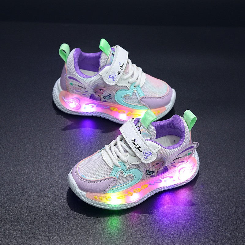 Disney Children Led Shoes Kids Girls Sneakers Frozen Elsa Princess Lighting Shoes Pink Purple Casual Sports Shoes Size 21-31