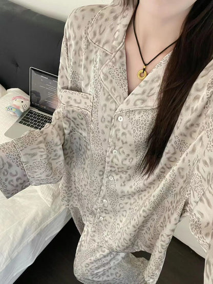 High-end leopard print pajamas for women spring autumn trend new simple girly style home suit personalized dress pajama party