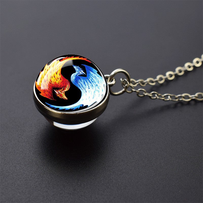 Colares Aurora Yin Yang Fênix de Gelo e Fogo Pingente de Bola de Vidro Dupla Face Colar de Correntes da Moda Joias Legais Feminino Masculino