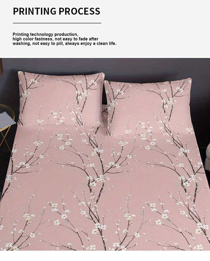 Conjunto de Lençol com Elástico Estampado 3 Peças (1 Lençol com Elástico + 2 Fronhas, Sem Enchimento)