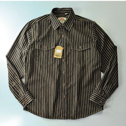 2025 Spring and Autumn New American Retro Woven Striped Cargo Shirt Men's Simple 100% Cotton Washed Double Pockets Thin Jacket