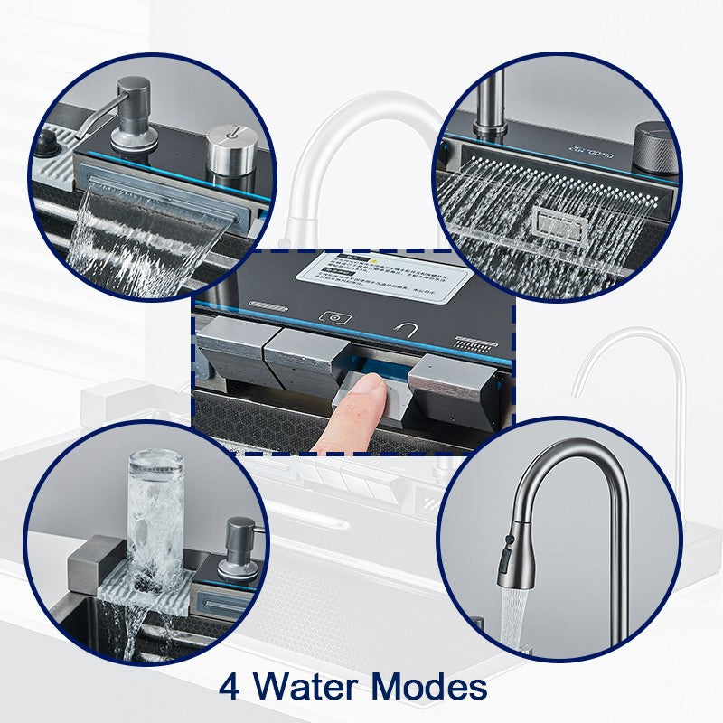 304 Stainless Steel Kitchen Sink with Digital Display Waterfall Faucet, Multifunctional 75*45cm Large Single Slot Whale Sink