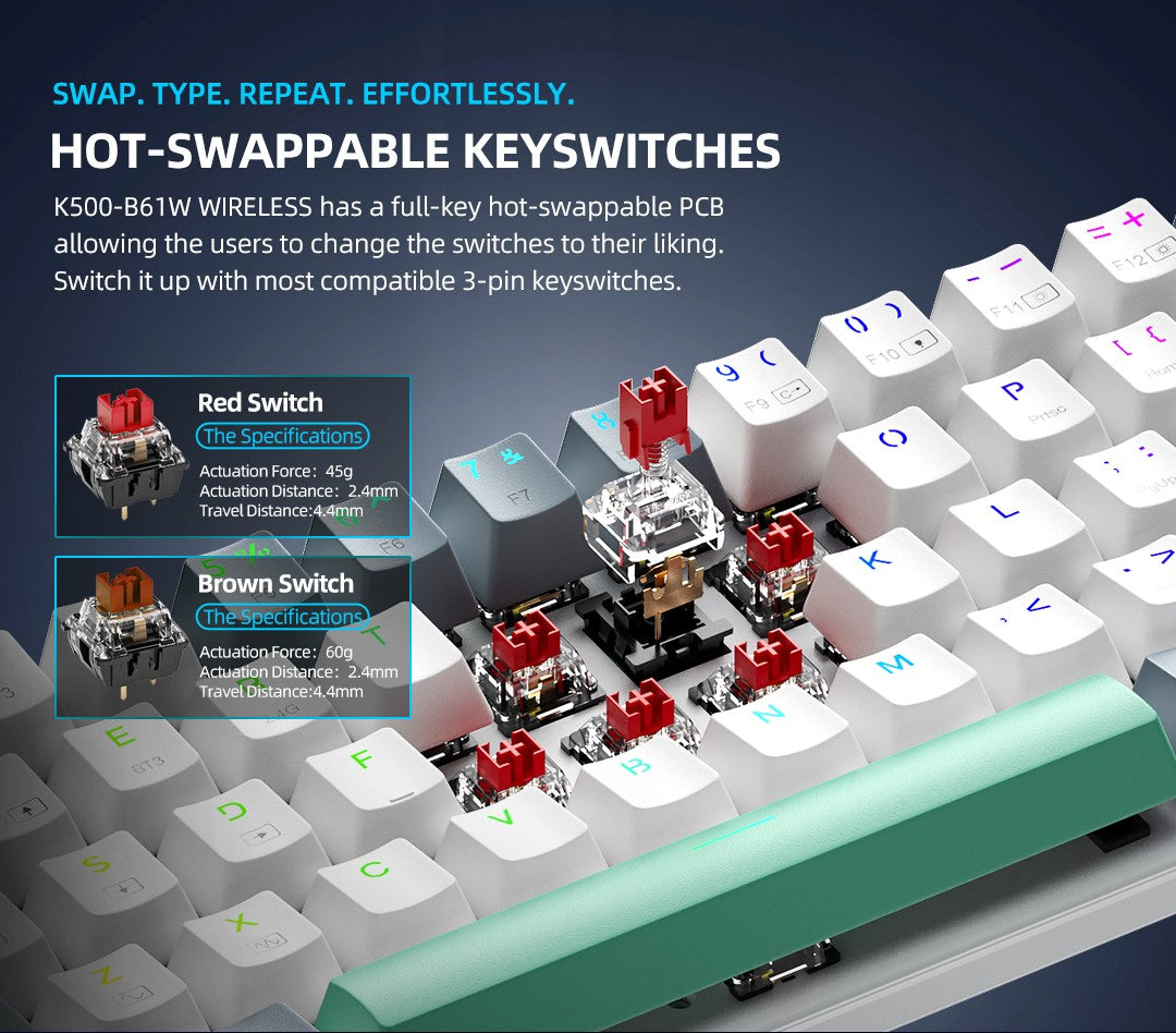 Teclado Mecânico Machenike K500-B61W Tri-mode 60% ANSI Latam-ES Sem Fio Hot-swap para Jogos para PC Gamer