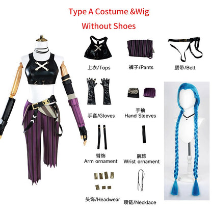 Peruca de Cabelo para Cosplay Arcane Jinx Traje Anime Sapatos Botas para Cosplay Jinx Feminino para Meninas, Mulheres, Role Play, Festa, Carnaval, Roupas