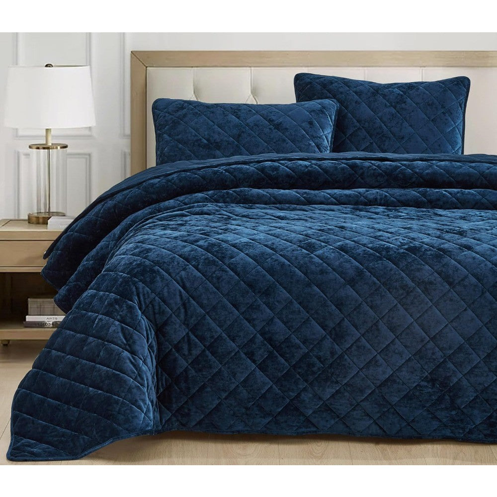 Edredom King Aveludado Azul Marinho de Luxo, Conjunto de Cama de Veludo Macio Desbotado de 3 Peças para Todas as Estações, Leve
