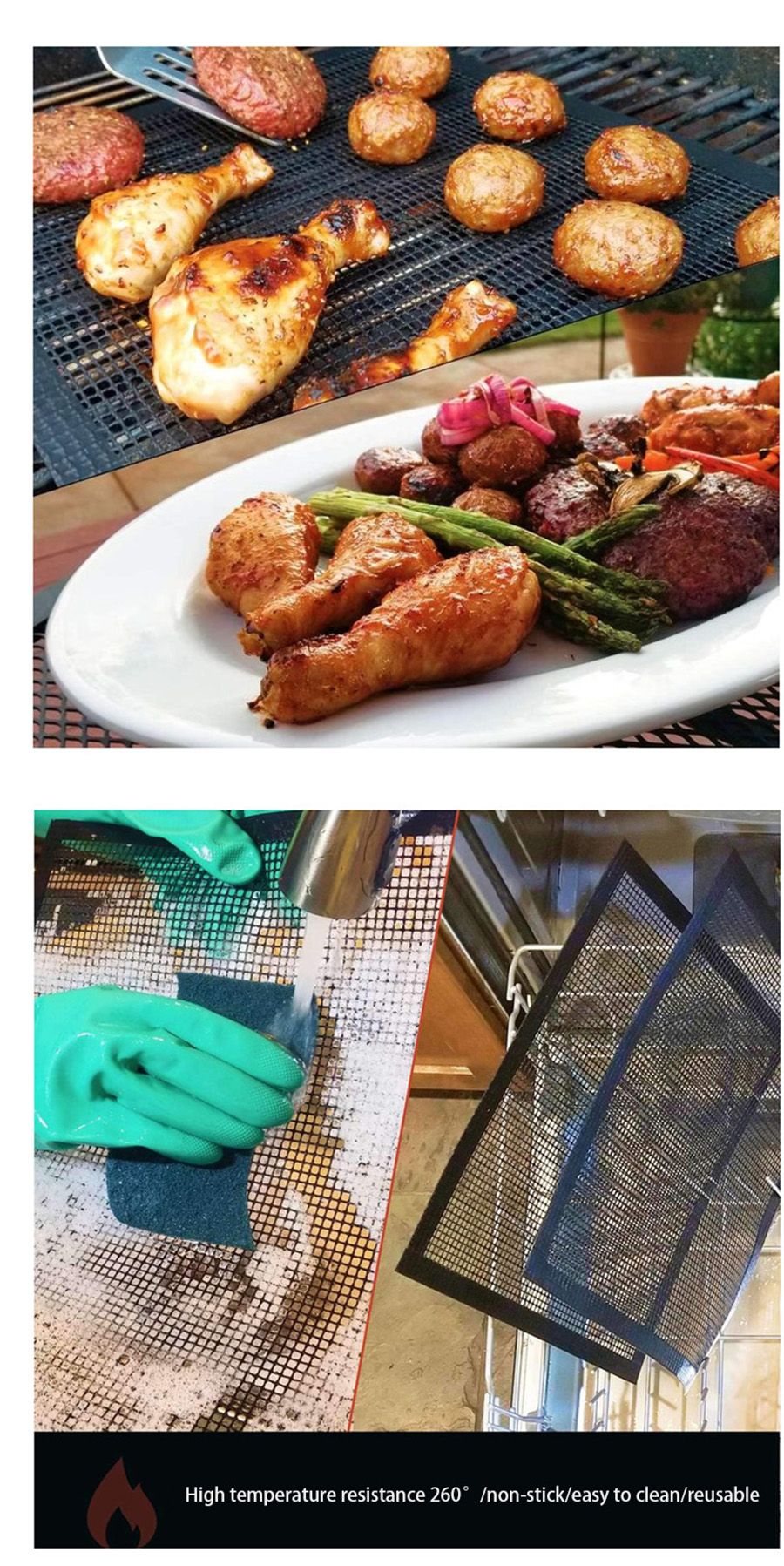 50PCS Non-Stick High Temperature Resistant BBQ Grid Pad Barbecue Mesh Reusable Easily Cleaned Cooking Pads Baking Grill Tool