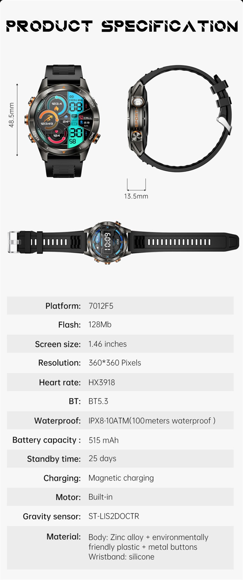 New Outdoor Sport Smart Watch Men 1.46" AMOLED Screen LED Flashlight 515mAh Battery 10ATM Waterproof Bluetooth Call Smartwatch