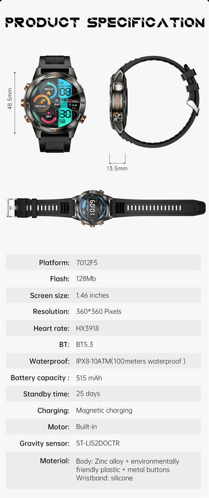 New Outdoor Sport Smart Watch Men 1.46" AMOLED Screen LED Flashlight 515mAh Battery 10ATM Waterproof Bluetooth Call Smartwatch