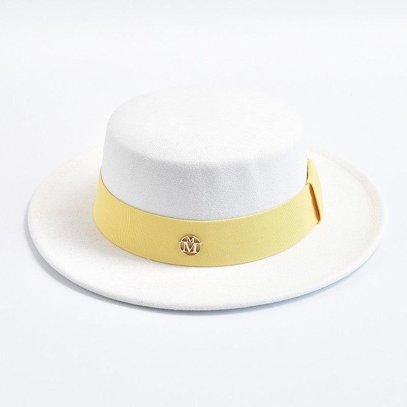 British Style Fedora Hats for Women Fashion Autumn Winter Flat Top Bow Elastic Ribbon Felt Hats Wedding Dress Jazz Cap