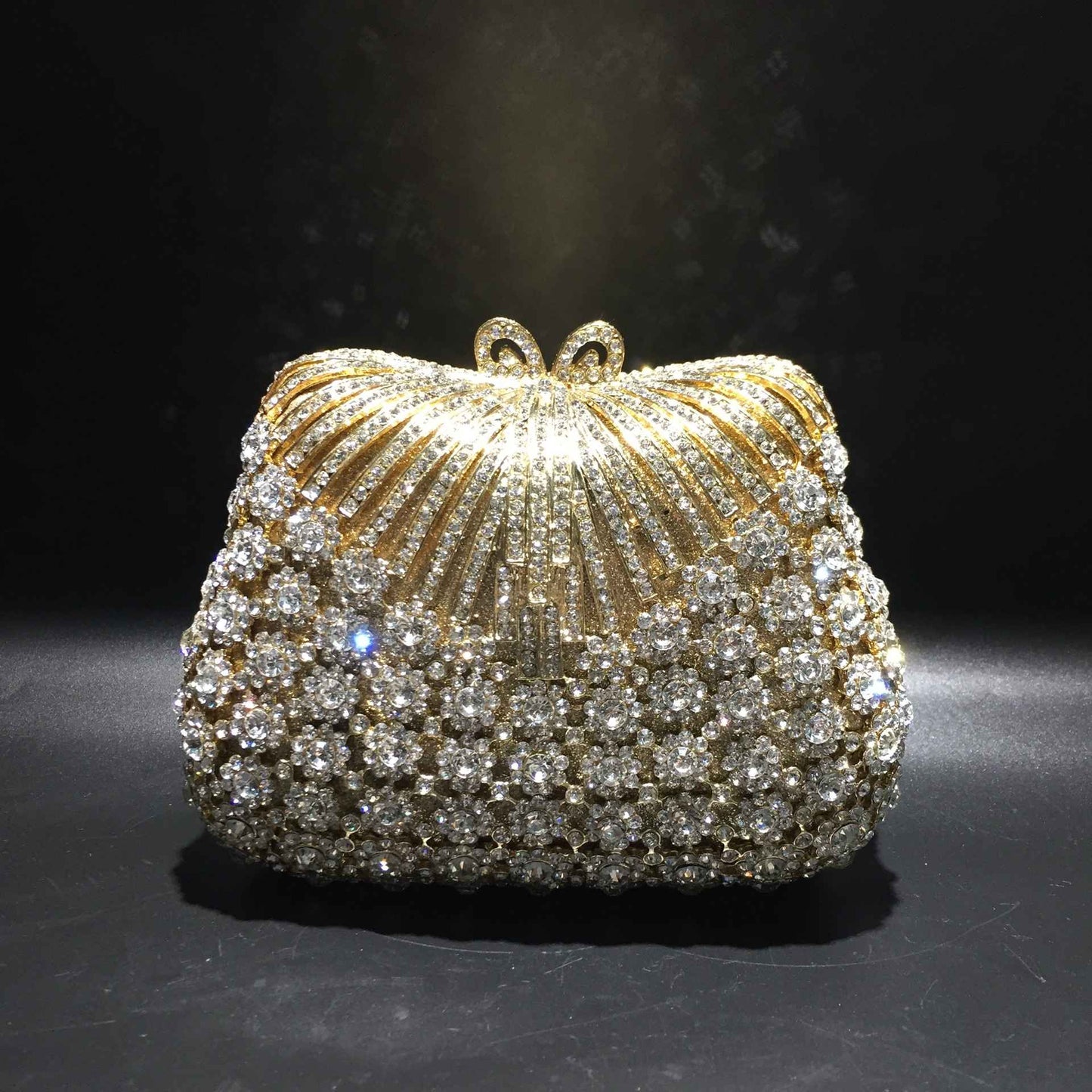 Women Gold Color Flower Rhinestones Clutch Bags Crystal Evening Purse Stones Metal Clutches Small Minaudiere Handbag Wedding Bag