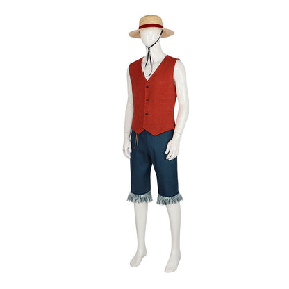 Monkey D Luffy Cosplay Costume for Men Adult Anime Outfit Halloween Party Red Vest Shorts Straw Hat Rope Set
