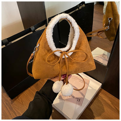 Faux Suede Solid Color Bow Hairy Cute Women's Handbags Christmas Gift Giving Fashion Bags 2025 Autumn/winter New Shoulder Bags