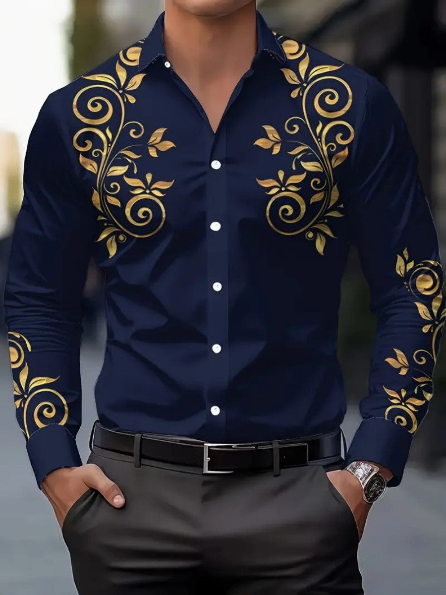 Men's floral-print ethnic-style blouse, Western-style denim shirt, long-sleeved