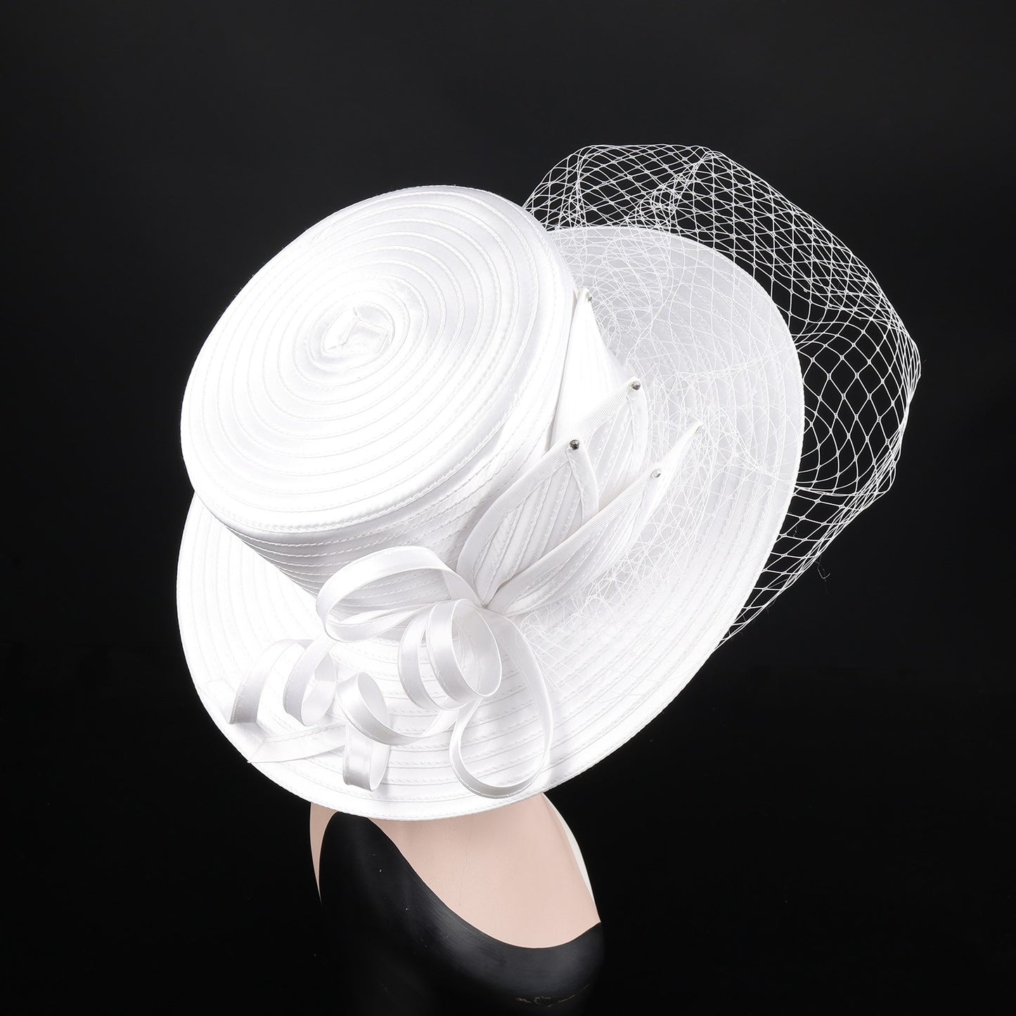 Deluxe New White Church Hat Party Banquet Satin Cloth Photography Hats Premium Chains Formal Hat Flower Top Cap For Women Ladies