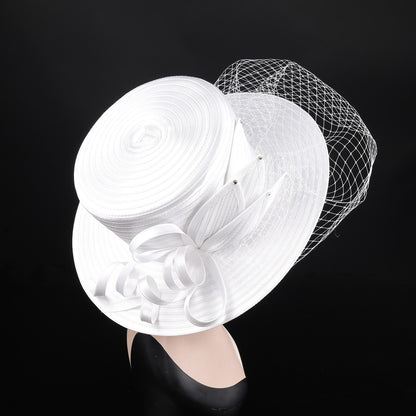 Deluxe New White Church Hat Party Banquet Satin Cloth Photography Hats Premium Chains Formal Hat Flower Top Cap For Women Ladies