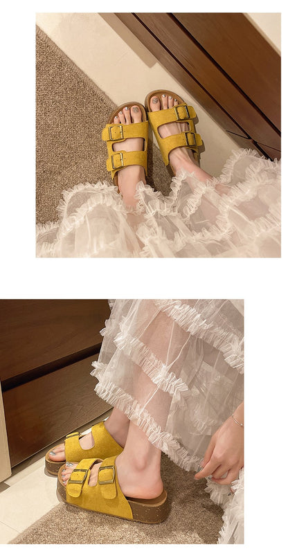 Bebealy Women's Sandals Soft-soled Platform Sandals Double Buckle Roman-style Belt-buckle Slippers Popular Slip-on Flat Slippers