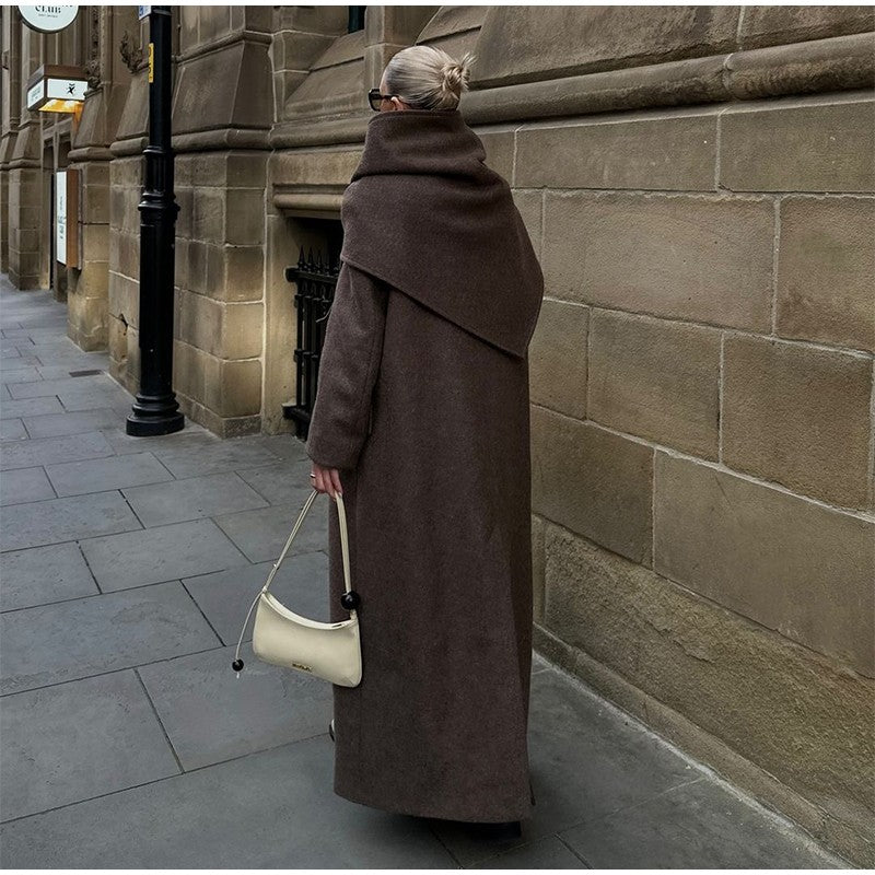 Women Shoulder Pad Wool Long Coats Fashion Lapel Single-breasted Long Sleeve Coat Chic 2025 Autumn Lady Commute Street Outerwear